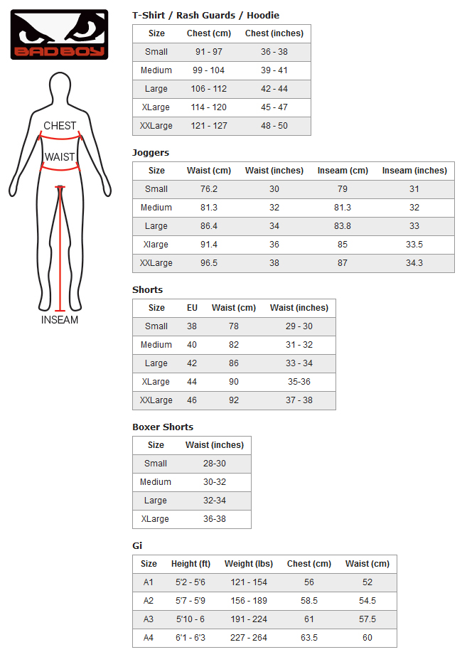 Bad Boy Shorts Size Chart